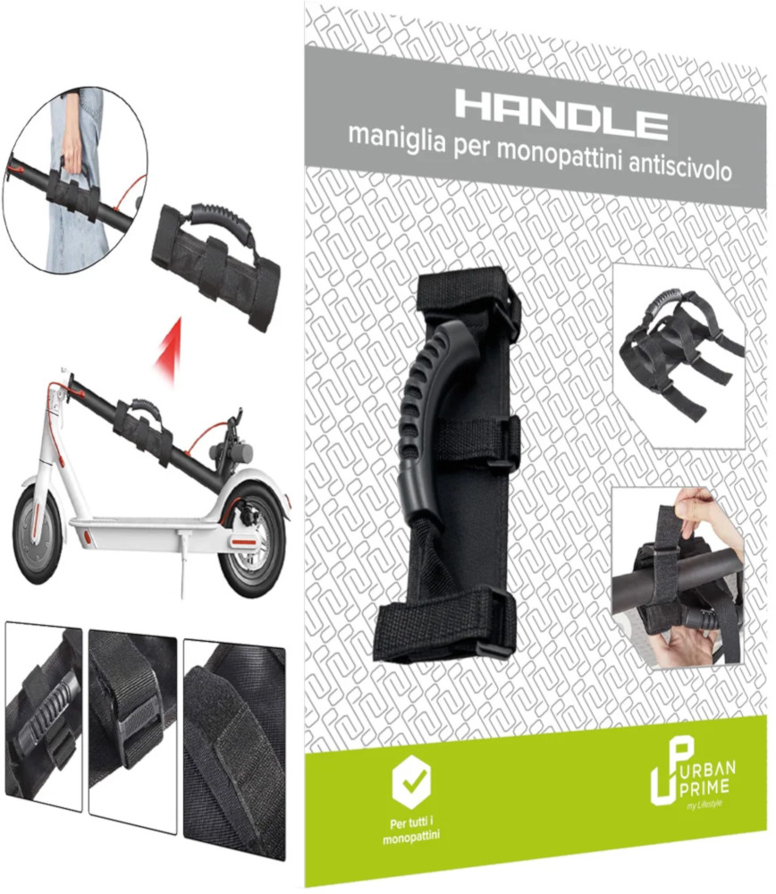 Handvat voor elektrische scooter. Zwart handvat, met bevestigingsriemen. Getoond op een scooter.