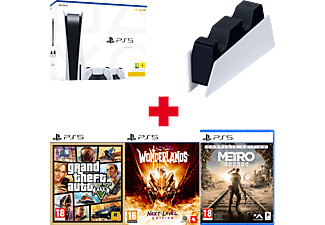 PLAYSTATION PS5 + Double Station de charge pour manette PS5 DualSense + GTA V UK + Tiny Tina's Wonderlands Next Level Edt FR/NL + Metro Exod