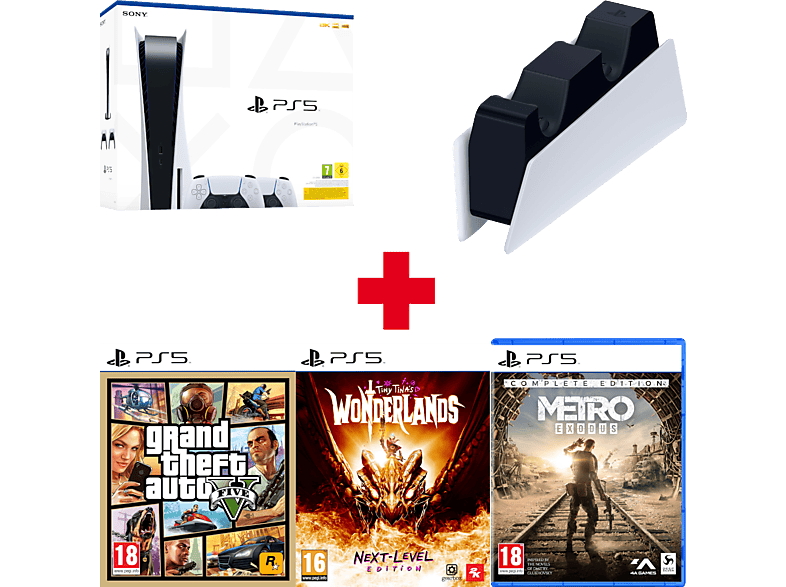 PLAYSTATION PS5 + Double Station de charge pour manette PS5 DualSense + GTA V FR + Tiny Tina's Wonderlands Next Level Edt FR/NL + Metro Exodus Complete Edt FR/NL