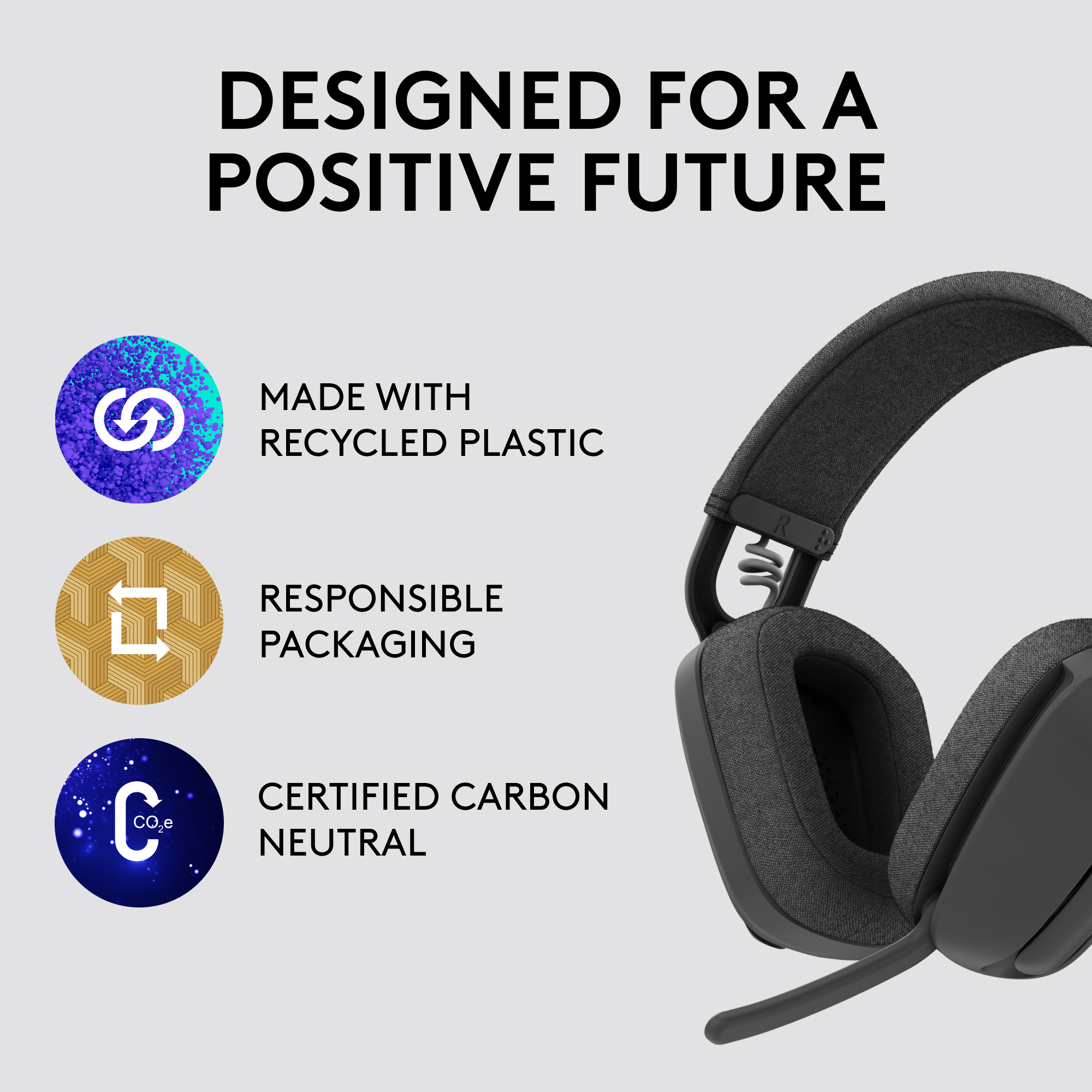 Cuffie con icone per plastica riciclata, imballaggio responsabile e carbon neutral.