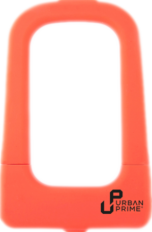 Antivol de vélo orange en forme de U. La marque Urban Prime est imprimée en bas.