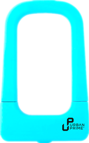 Turquoise U-vormig fietsslot. De achtergrond is wit.