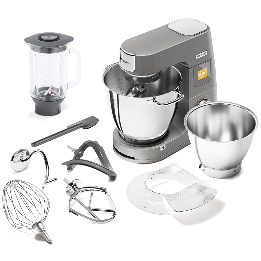 Eine Küchenmaschine mit Aufsätzen. Ein Mixer und eine Schüssel.