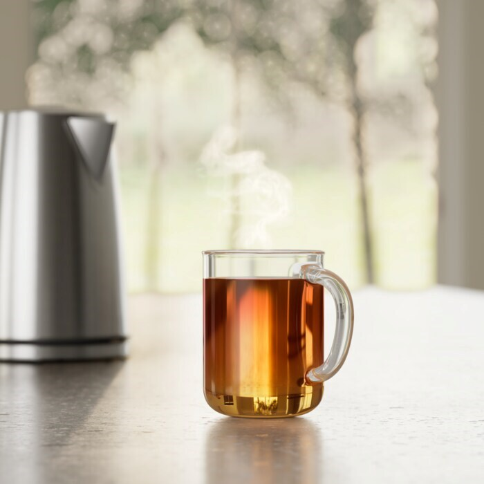 Egy csésze tea gőzzel az asztalon.