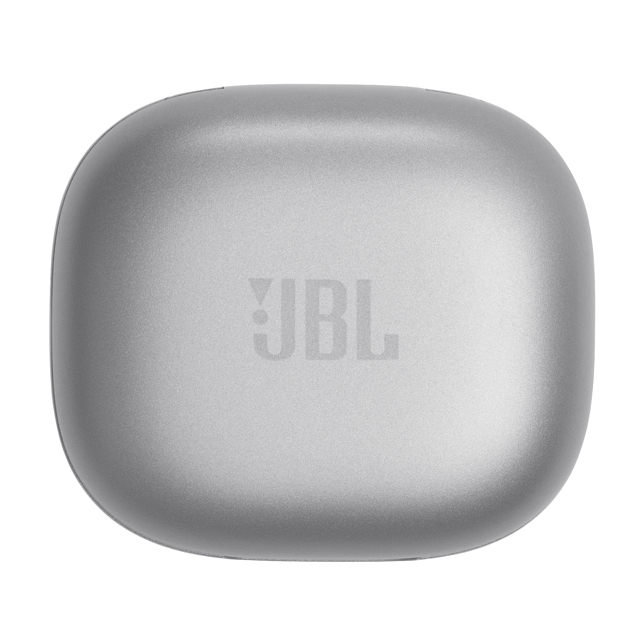 Graue Kopfhörer-Ladebox. JBL-Logo auf der Oberseite. Abgerundete eckige Form.