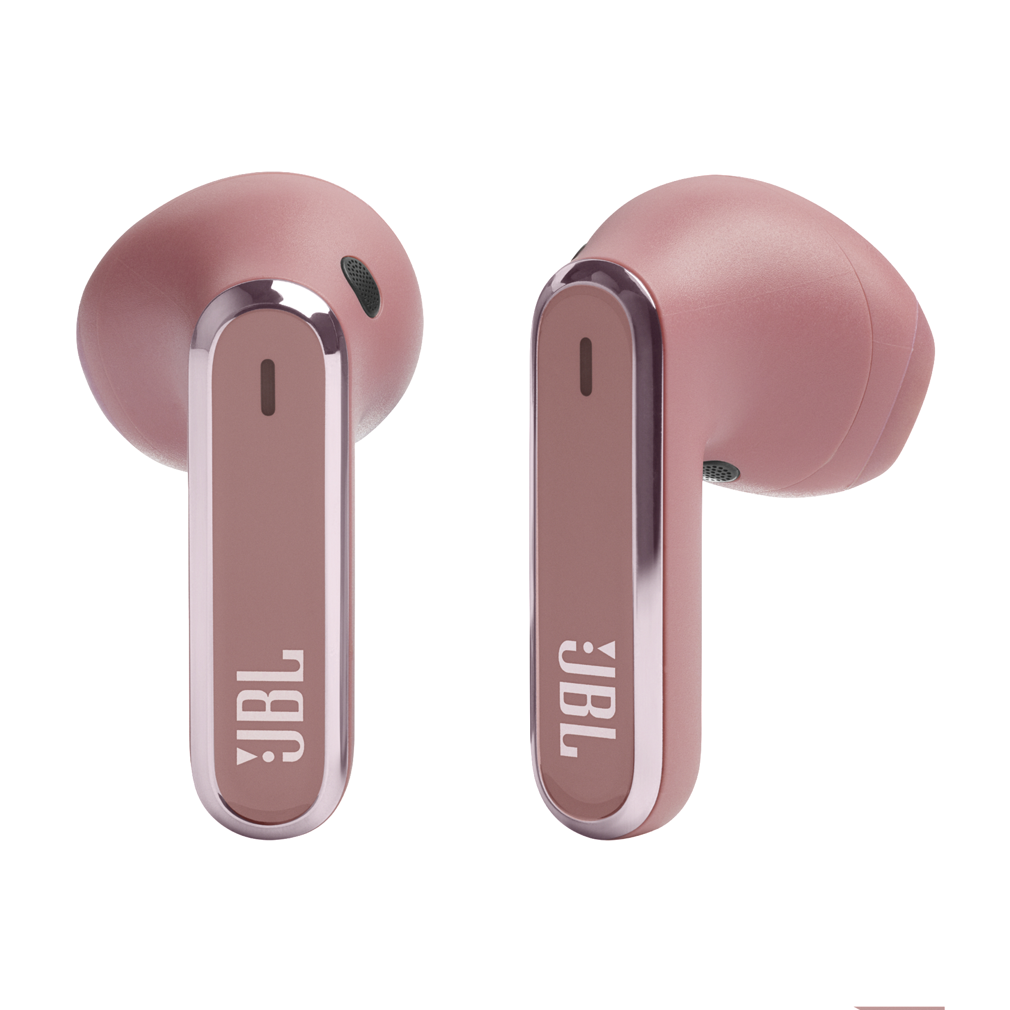 Zwei rosafarbene JBL-Ohrhörer. Jedes hat einen rosafarbenen Akzent mit dem JBL-Logo.