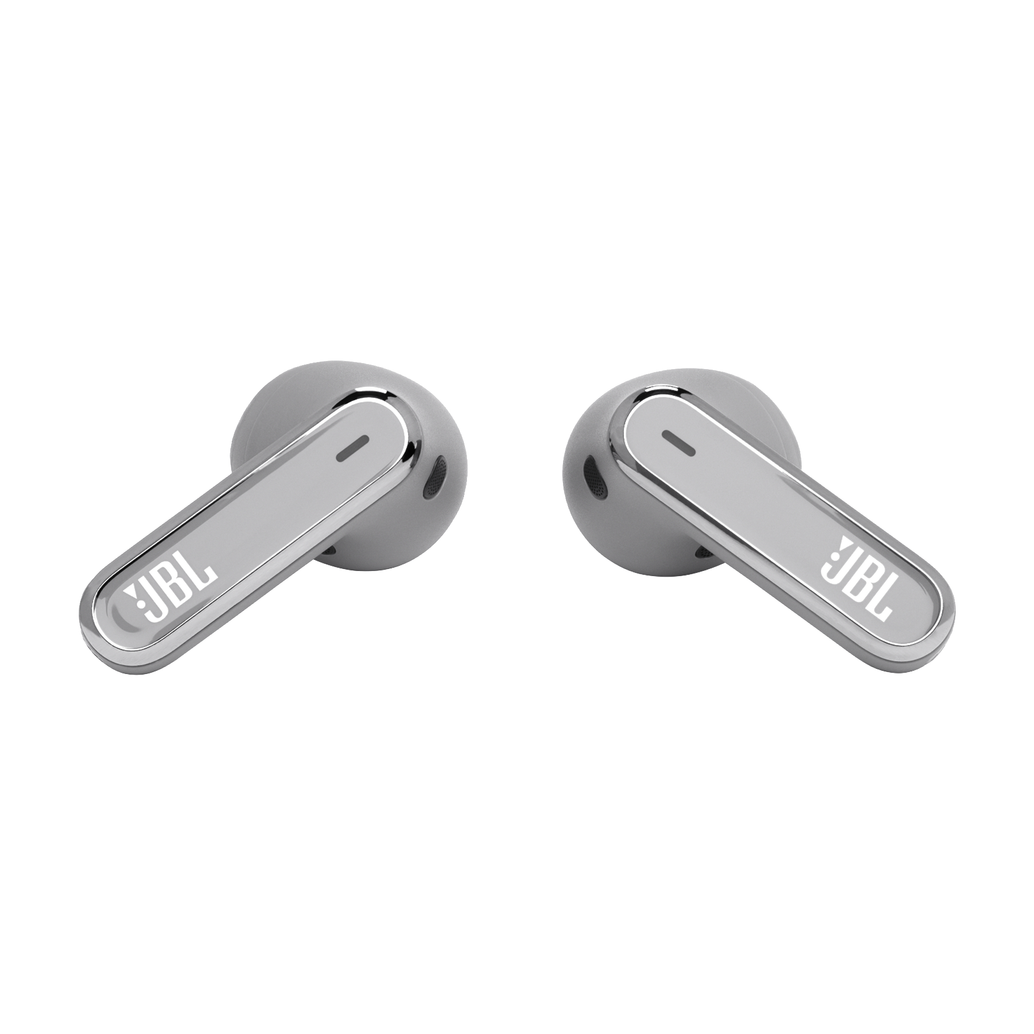 Zwei graue JBL-Ohrhörer. Jedes hat einen silbernen Akzent mit dem JBL-Logo.
