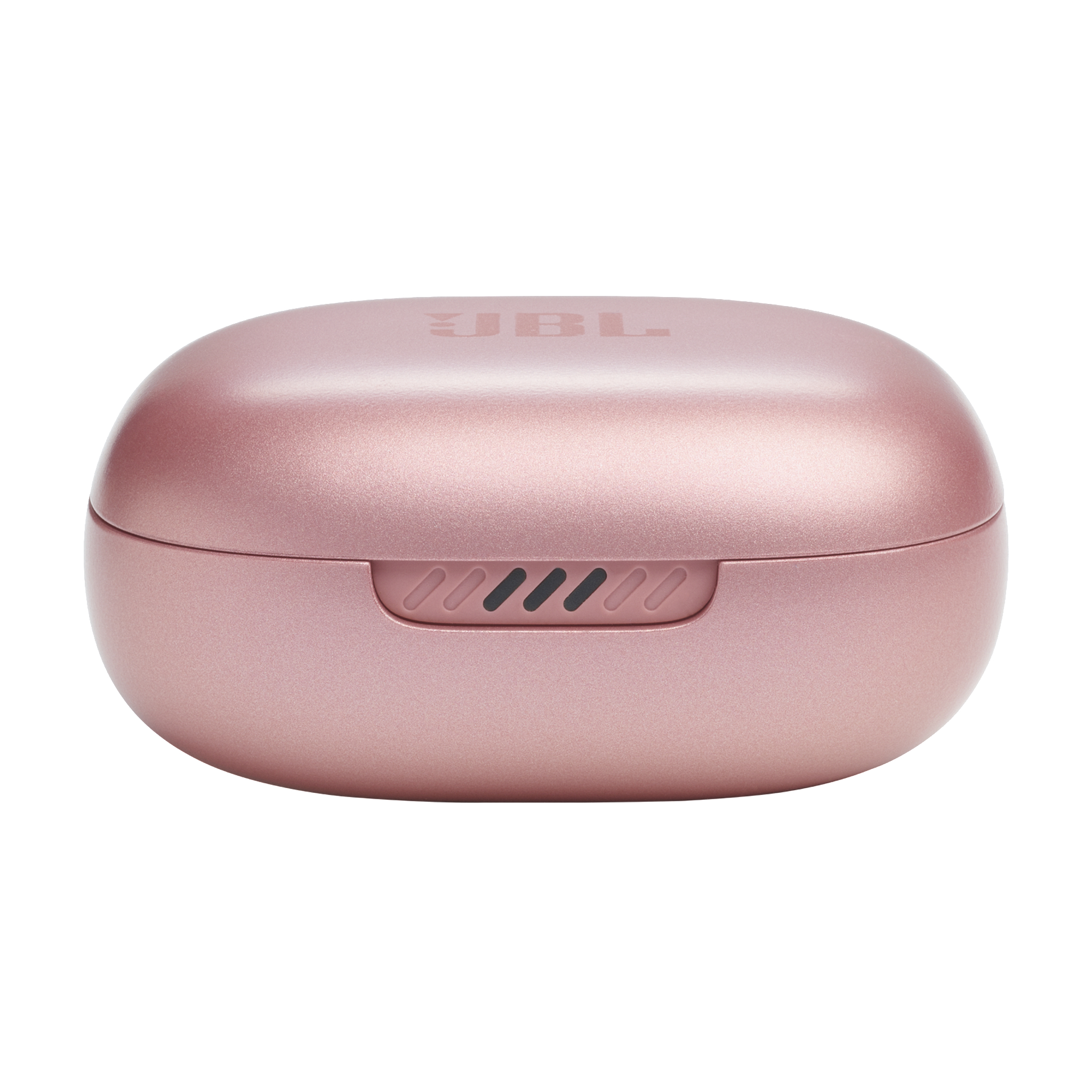 Roségoldenes Ladeetui für Ohrhörer. Ovale Form mit JBL-Logo und kleinen Lüftungslöchern.