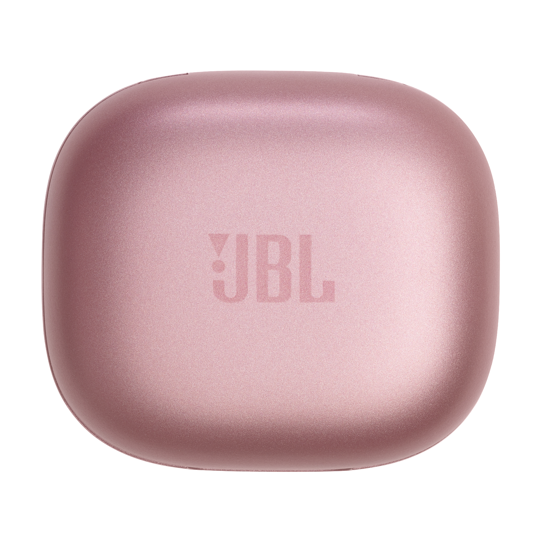 Rosa, abgerundete JBL-Ohrhörerhülle mit dem JBL-Logo darauf.
