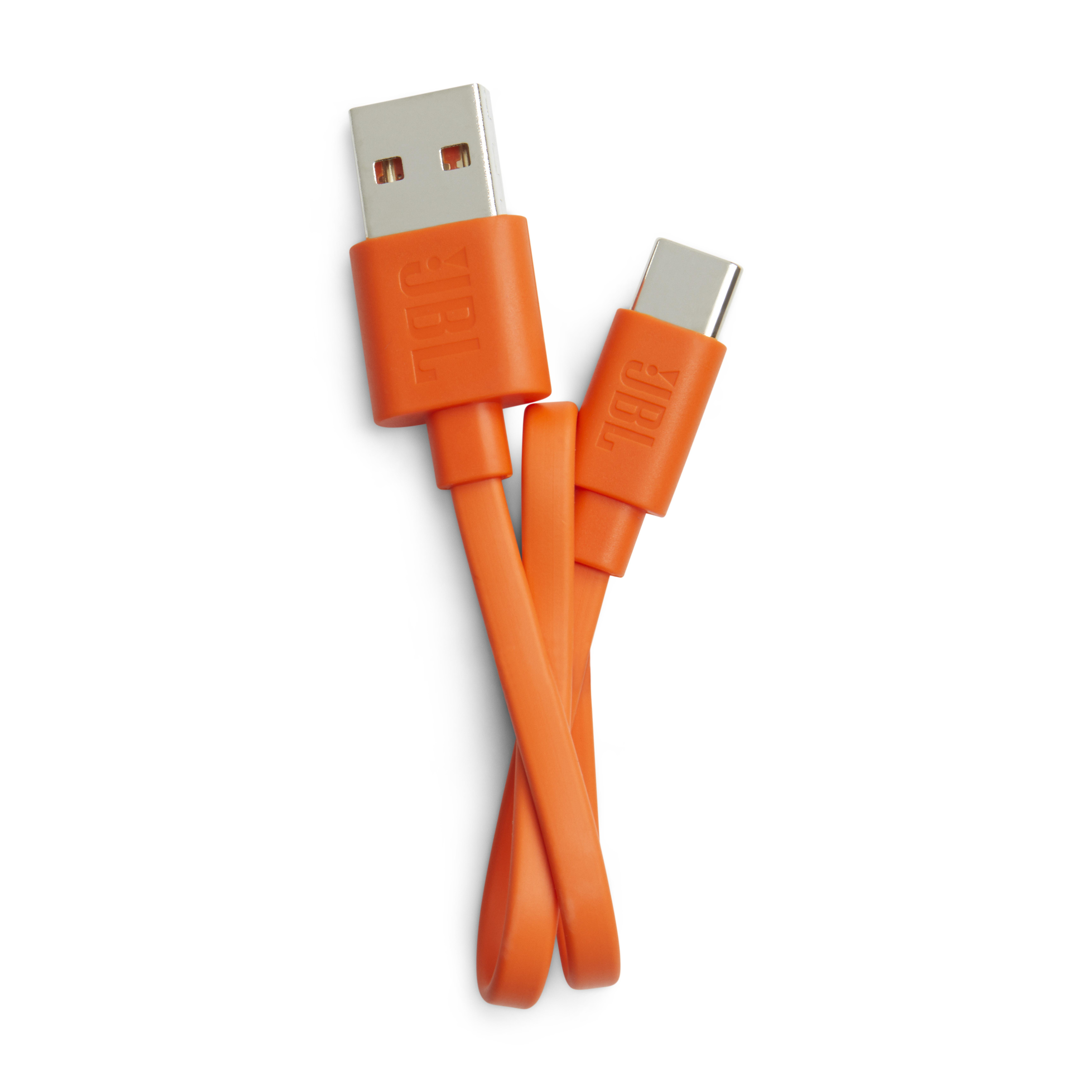 Oranges JBL USB-A-zu-USB-C-Ladekabel, auf weißem Grund.