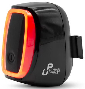 Zwart fietslicht met rood licht en een knop. Merk: Urban Prime.
