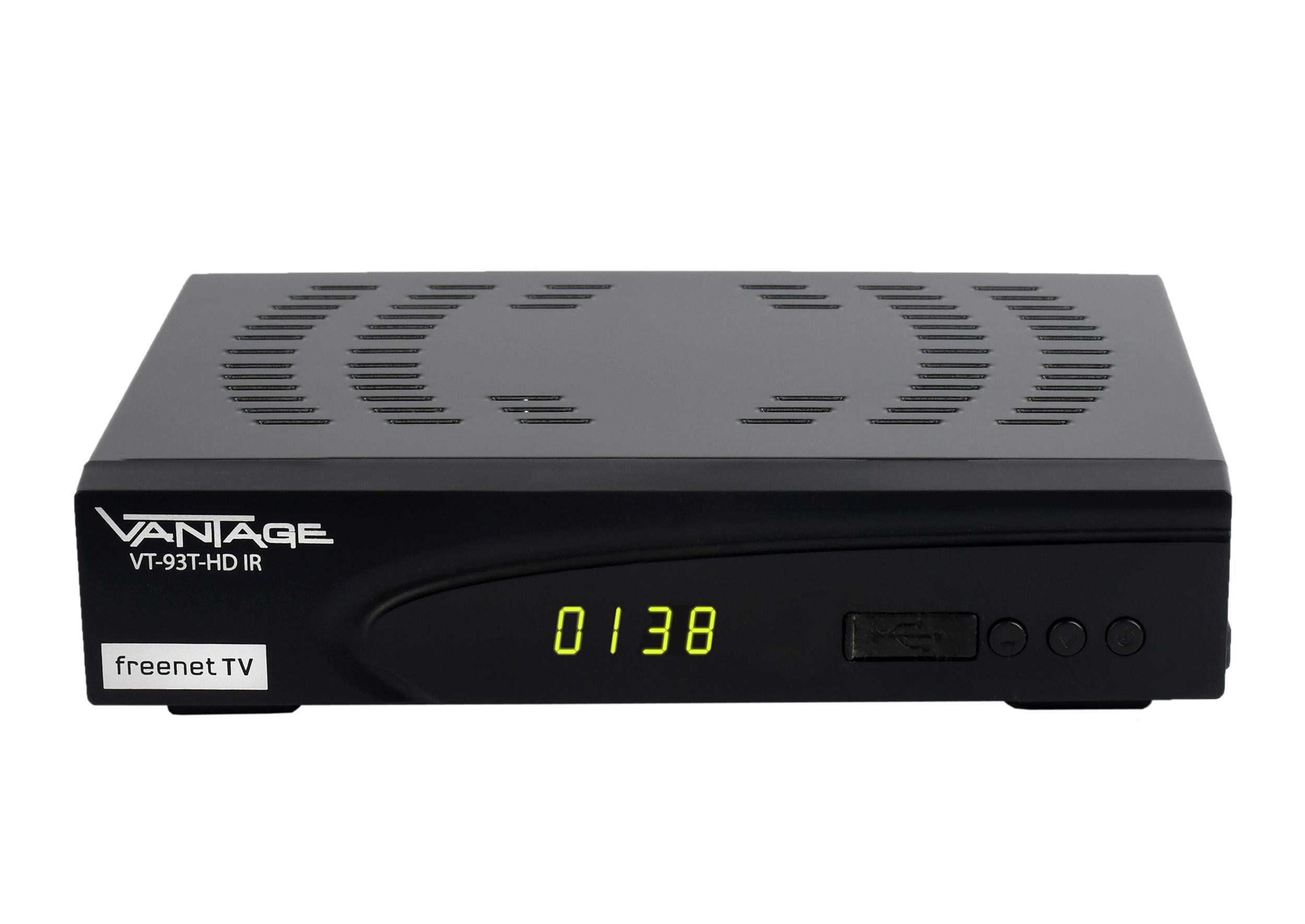 Ein schwarzer Vantage VT-93T-HD IR-Receiver mit Anzeige '0138'.