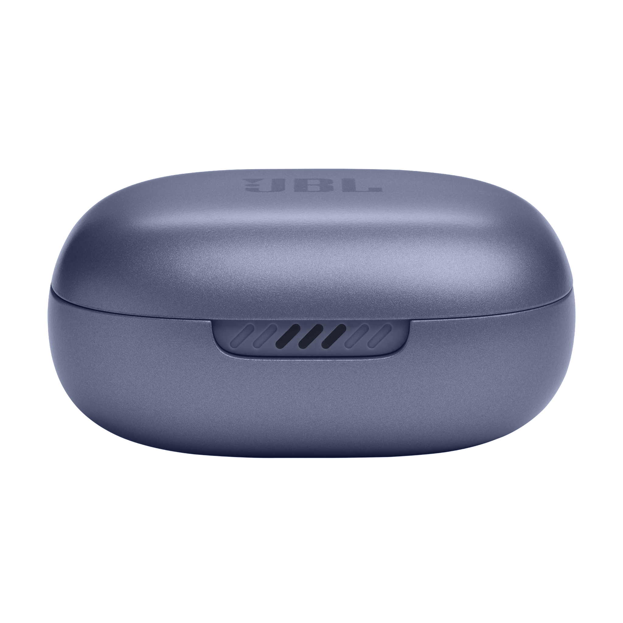 Nahaufnahme eines grauen JBL-Ladecase. Es hat das JBL-Logo oben und Belüftungslöcher.