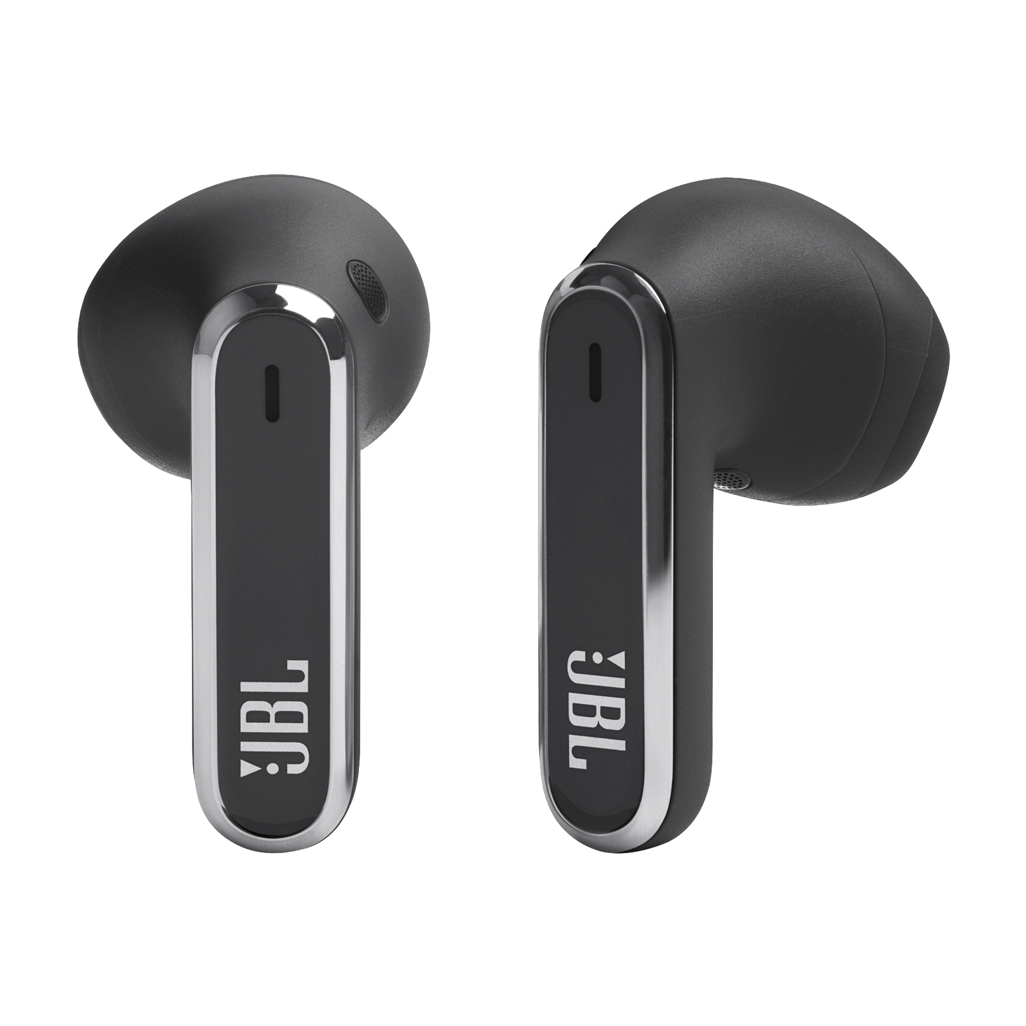 Ein Paar schwarze JBL-Ohrhörer mit silbernen Akzenten. Das JBL-Logo ist auf jedem Ohrhörer sichtbar.