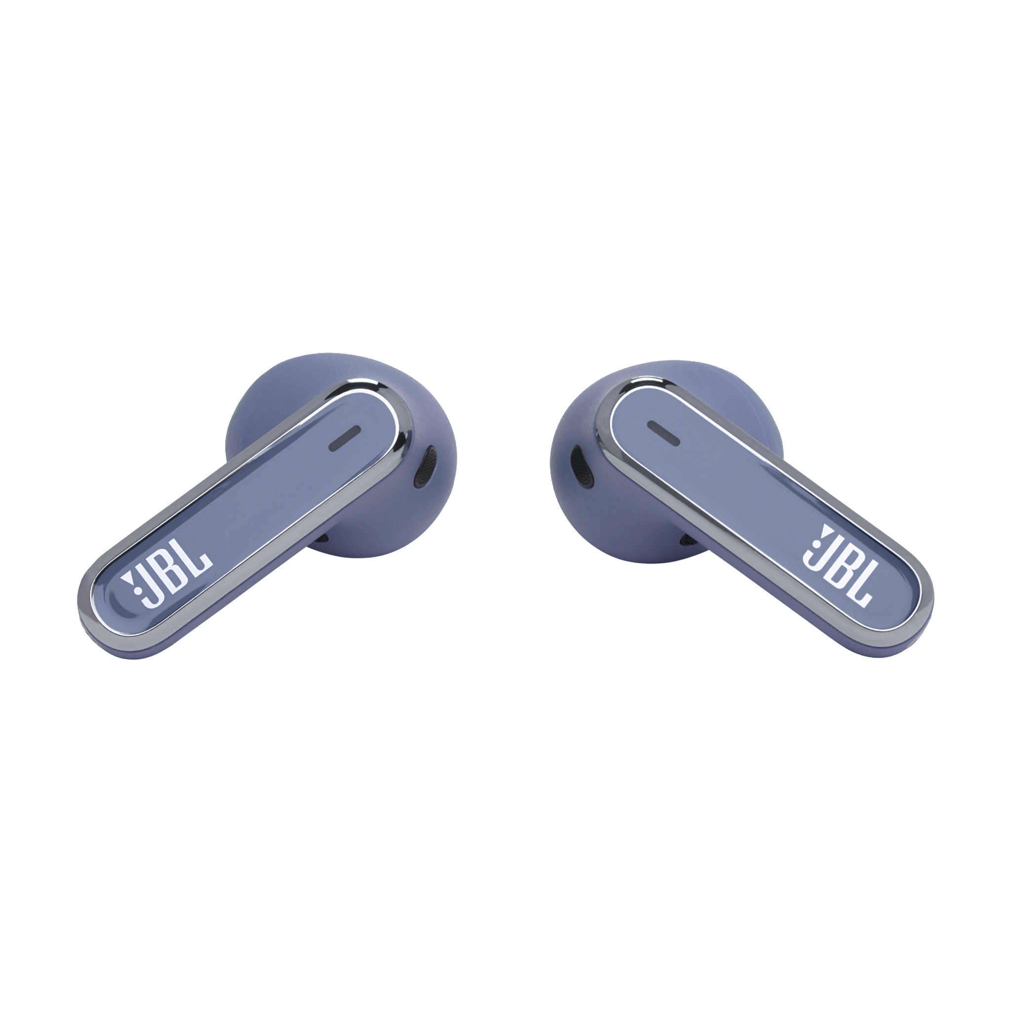 Paar blaue JBL-Ohrhörer mit Logo auf jedem Ohrhörer, weißer Hintergrund.