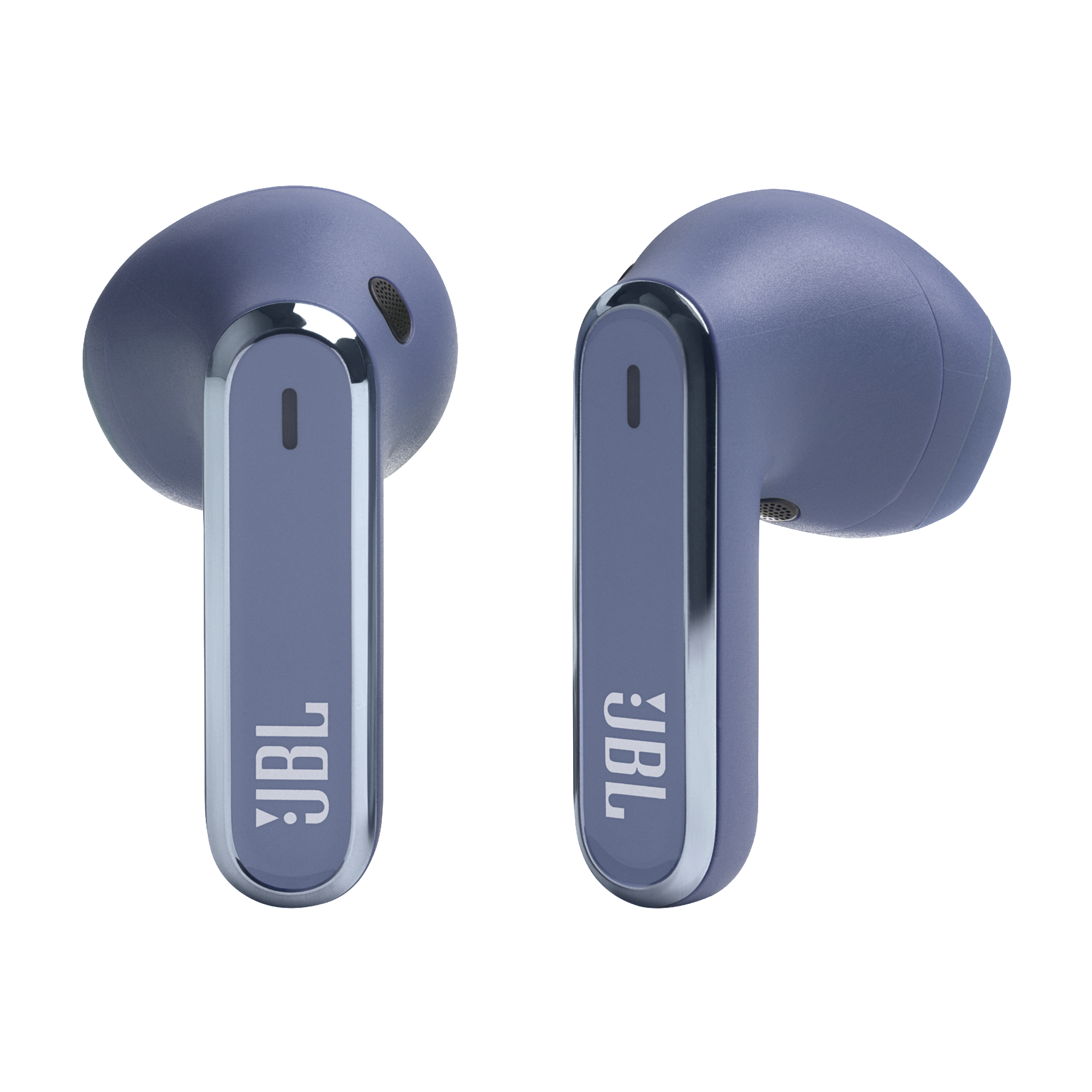 Zwei lilafarbene JBL-Ohrhörer. Jedes hat einen silbernen Akzent mit dem JBL-Logo.