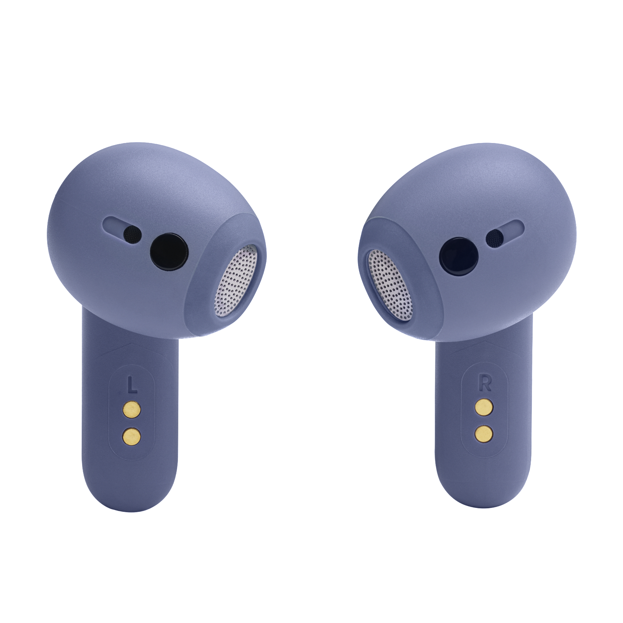 Zwei blaue JBL-Ohrhörer. Einer zeigt ein L und der andere ein R, mit goldenen Punkten.