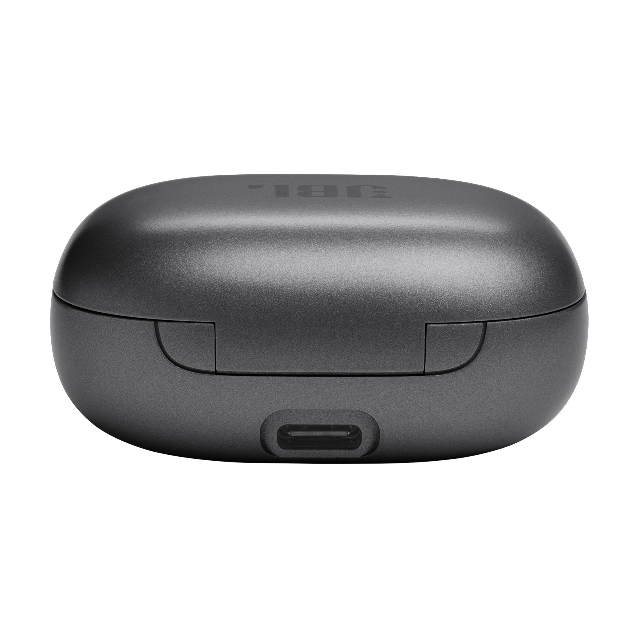 Ein geschlossenes, dunkelgraues JBL-Kopfhörer-Etui mit einem USB-C-Anschluss unten.