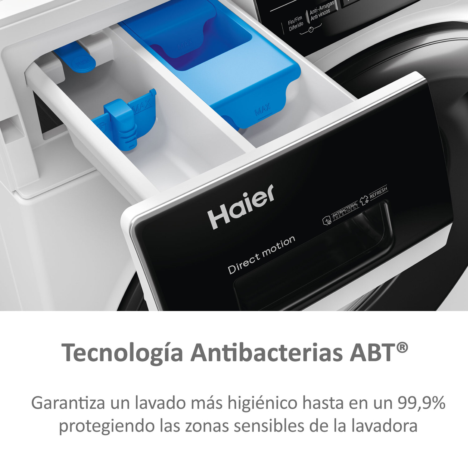 Un primer plano del cajón del detergente de una lavadora Haier.