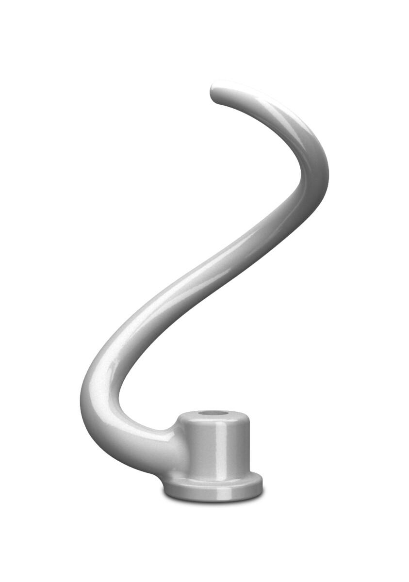 Ein weißer, gebogener Knethaken für einen Küchenmixer, isoliert auf weißem Hintergrund.
