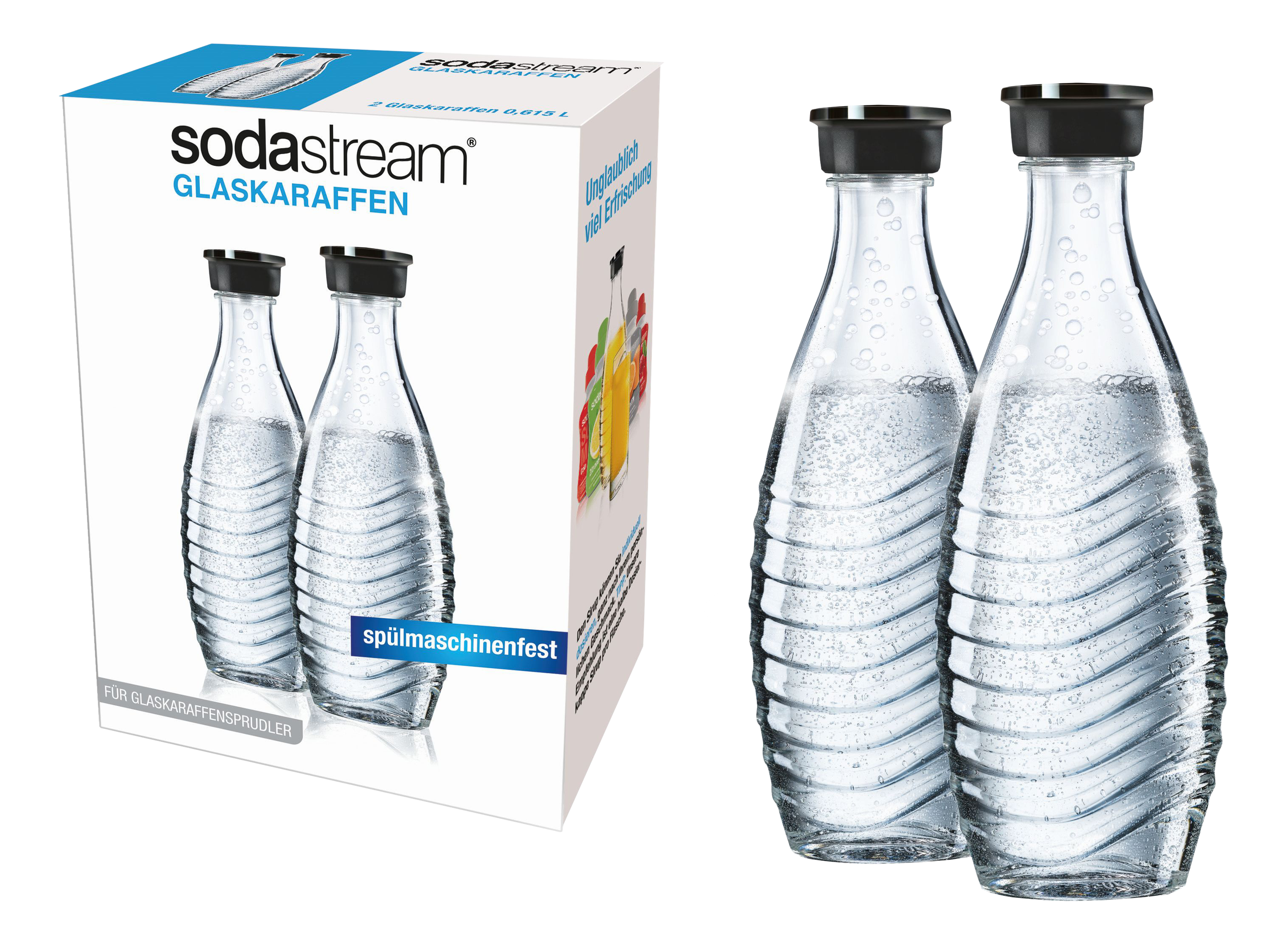 Deux bouteilles en verre SodaStream avec des bouchons noirs et une boîte avec les mêmes bouteilles.