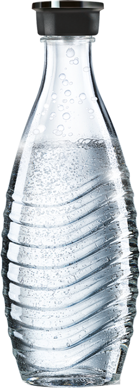 Une bouteille en verre clair avec de l'eau et des bulles, bouchon noir.
