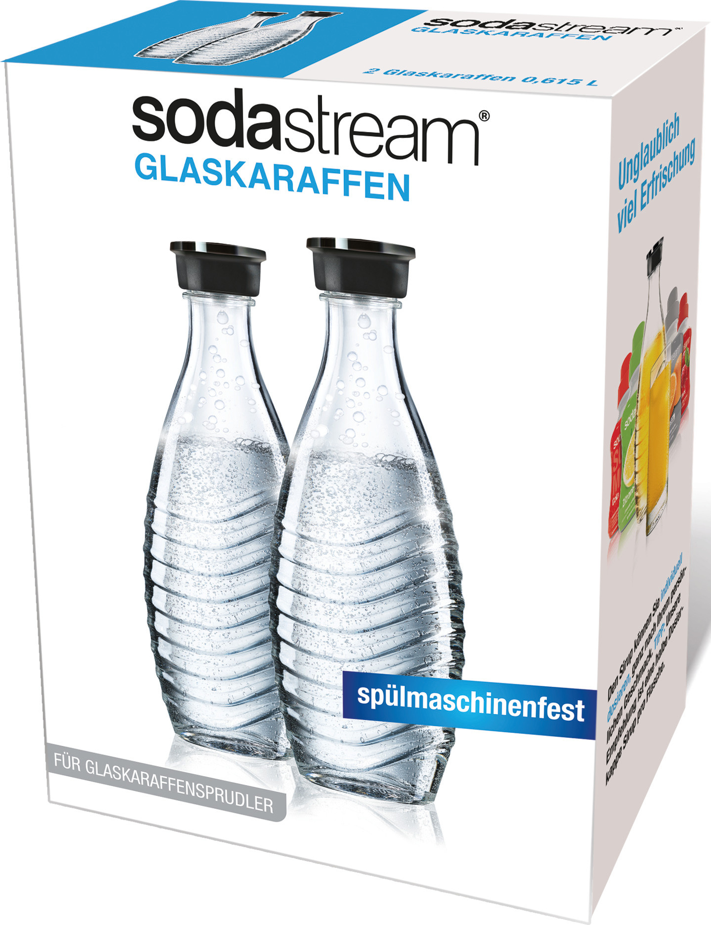 Une boîte SodaStream avec deux carafes en verre à l'intérieur. La boîte porte le nom du produit et des images de boissons.