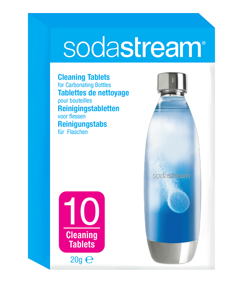 Comprimés de nettoyage SodaStream dans une boîte, bouteille d'eau, texte en plusieurs langues, bleu et blanc.