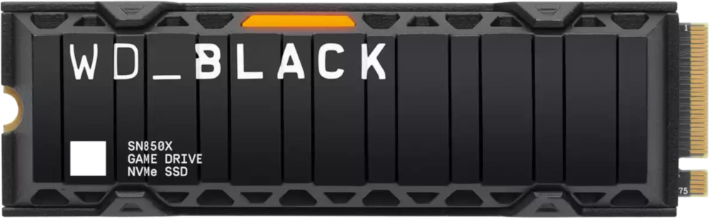 Een zwarte WD_BLACK SN850X NVMe SSD-schijf, met de merknaam erop.