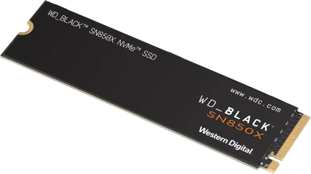 Black SSD drive with white text. It is rectangular and has gold connectors on one end.