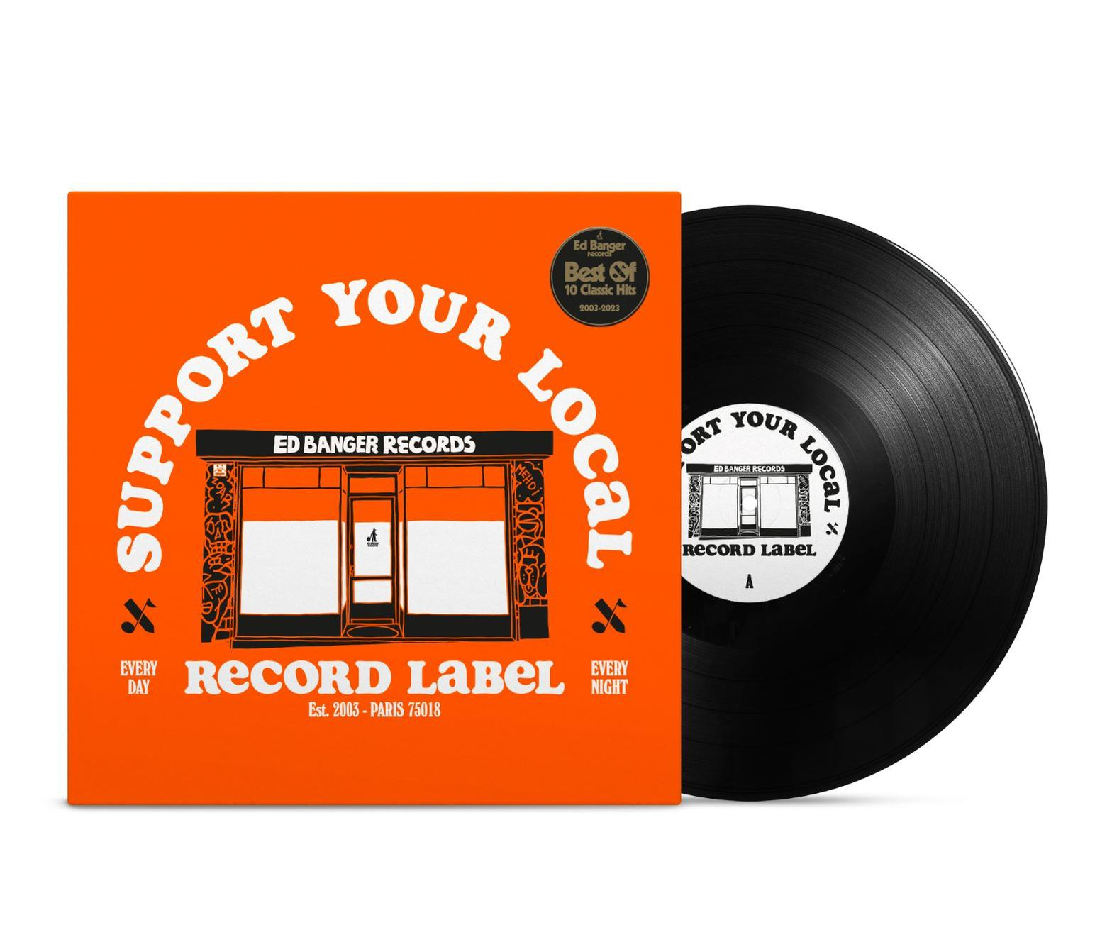 Ein orangefarbenes Albumcover mit schwarzem Vinyl. Auf dem Cover steht 'Support Your Local Record Label'.