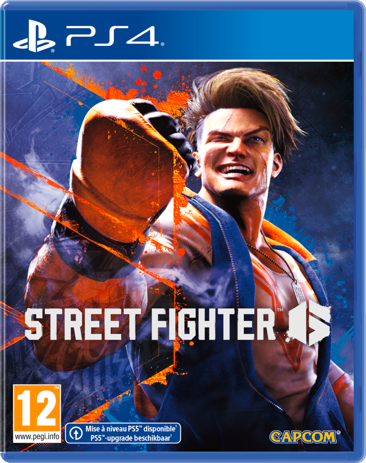 Jaquette du jeu Street Fighter PS4. Un homme musclé en gilet bleu frappe. Le titre du jeu est en bas.