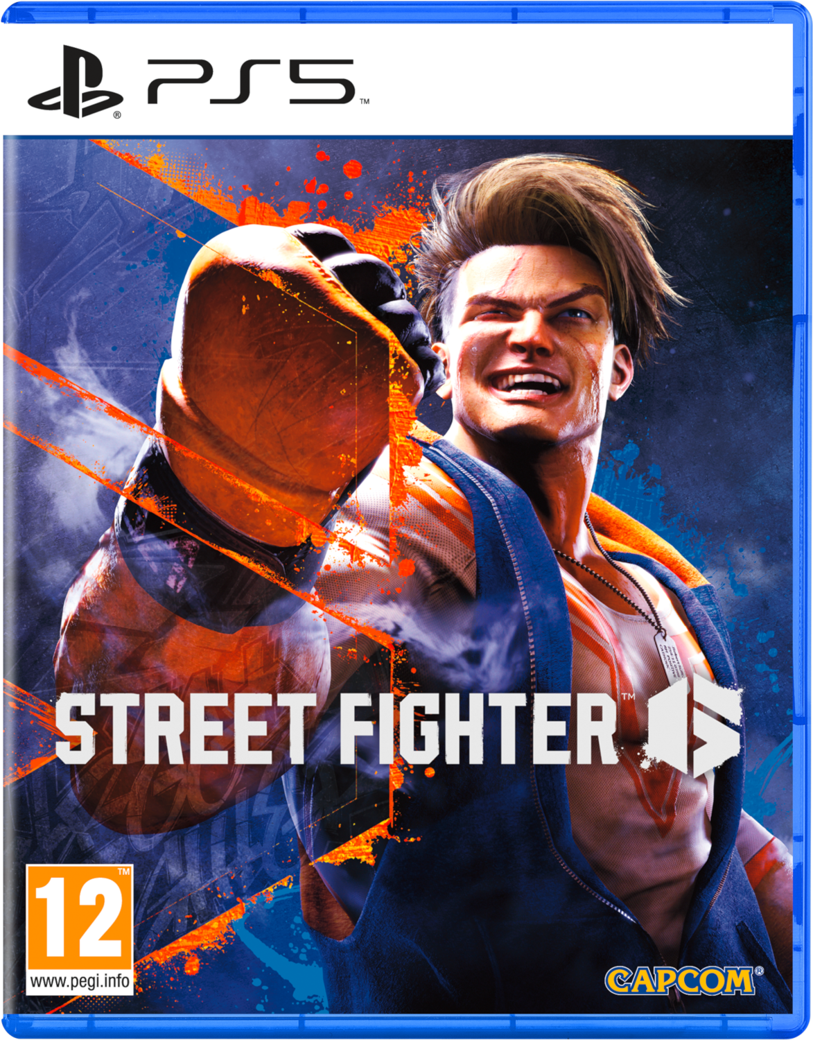 Street Fighter 6 gamebox. Een gespierde man op de cover. PS5-logo bovenaan. Blauwe case.