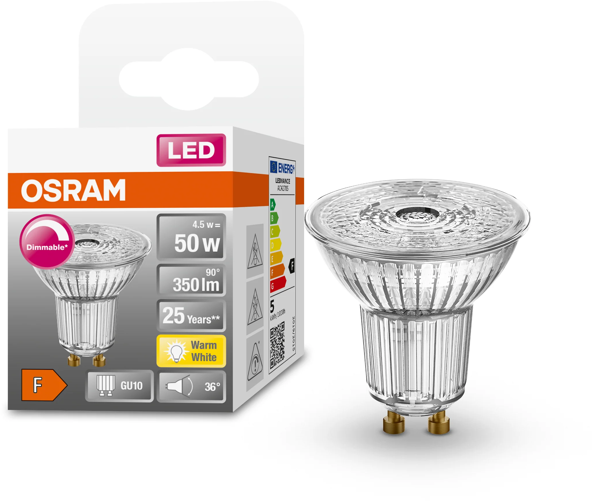 Eine LED-Glühbirne mit einer Box, die die Glühbirne und die Verpackung mit ihren Informationen zeigt.