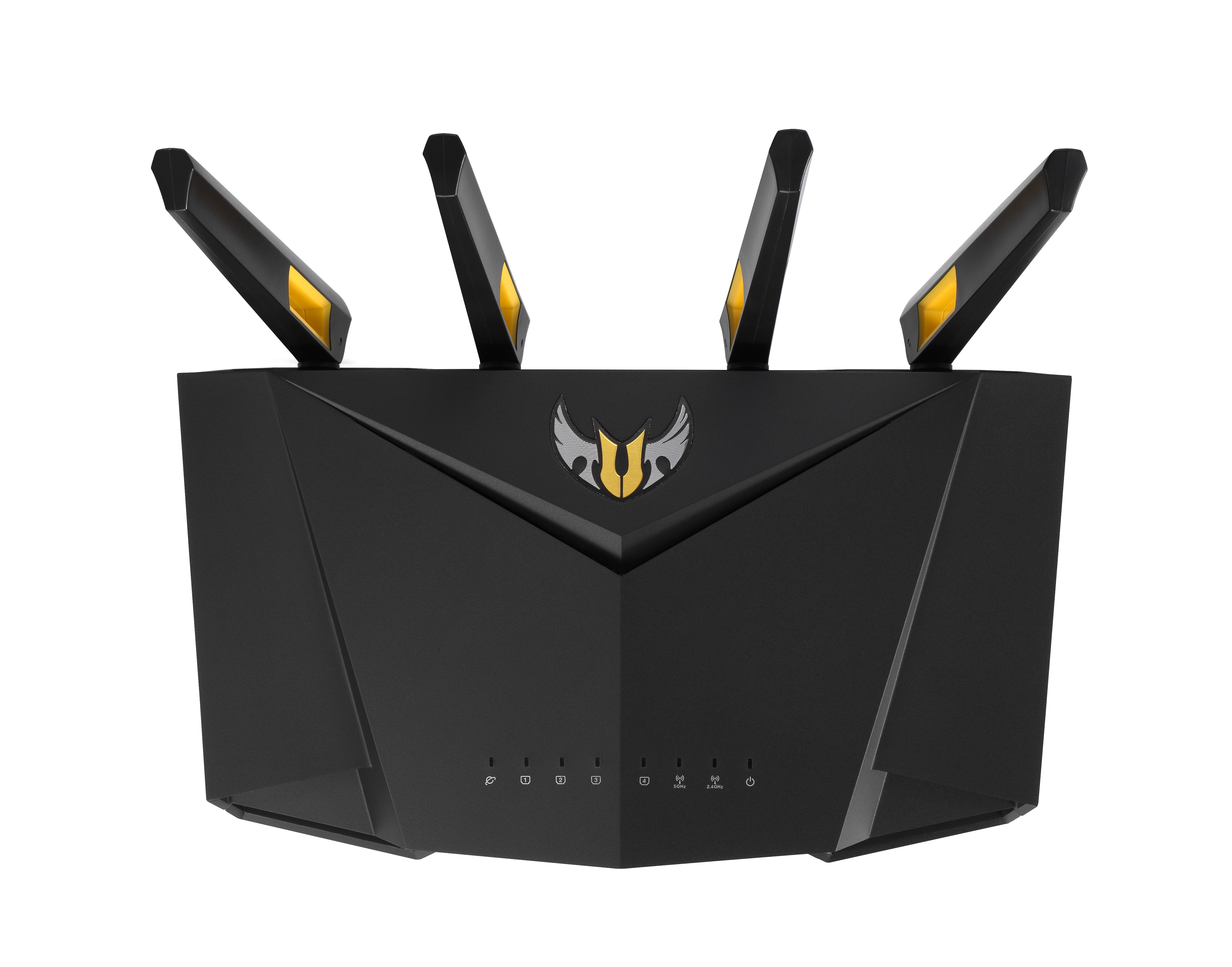 Schwarzer Router mit vier Antennen und gelben Akzenten.