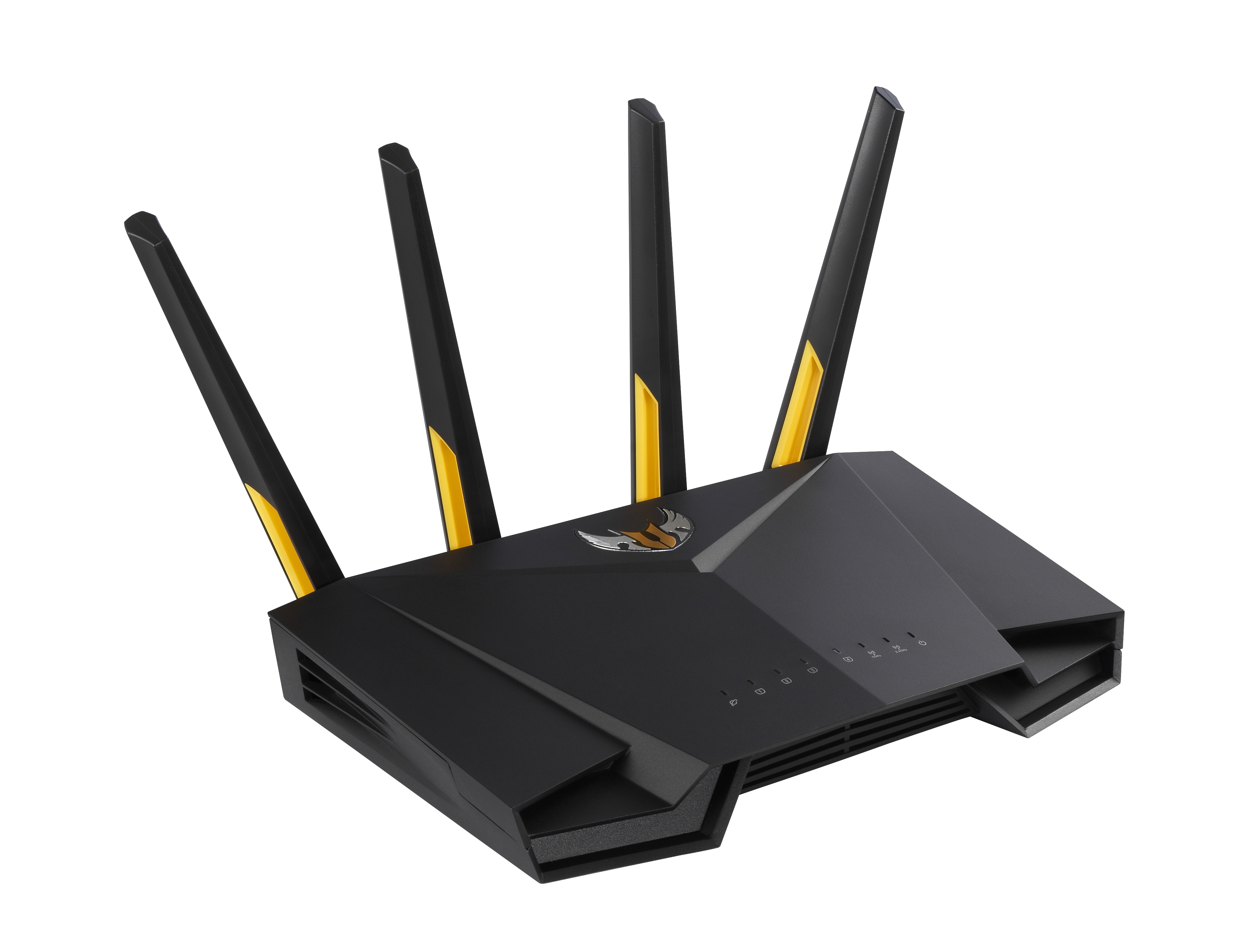 Ein schwarzer Router mit vier Antennen, gelben Akzenten, auf Weiß.