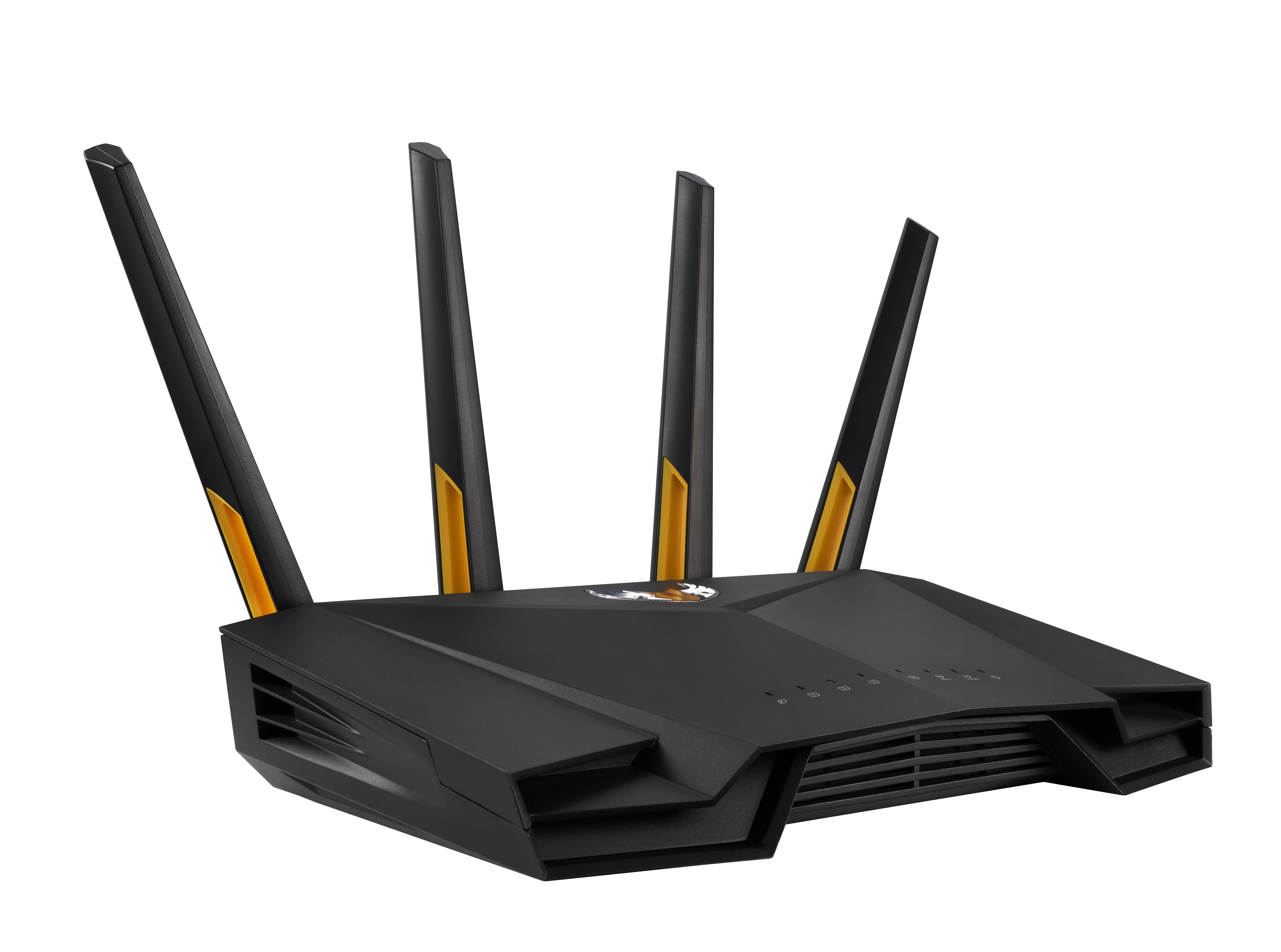 Ein schwarzer Router mit vier Antennen, abgewinkelt in einer Studio-Umgebung.