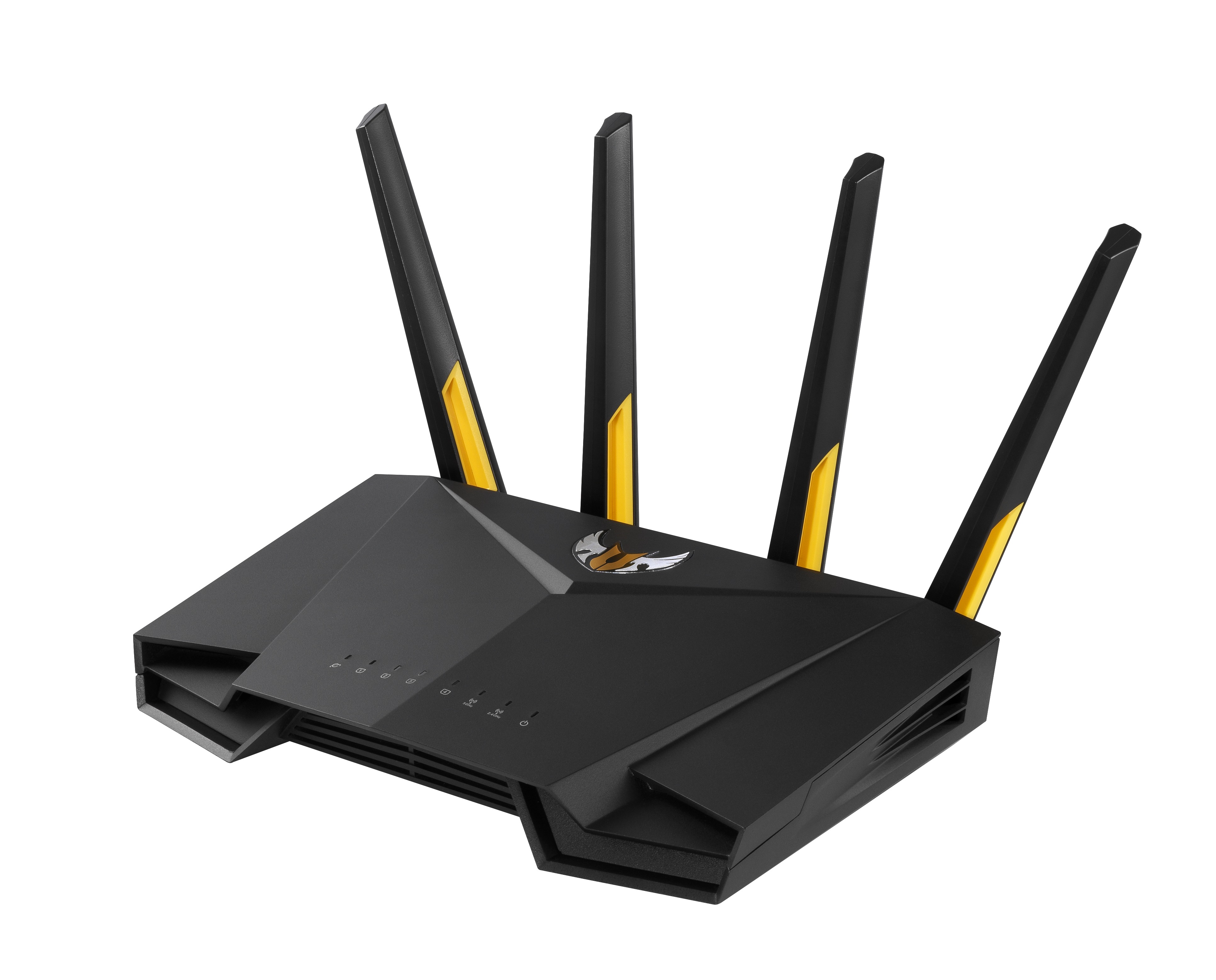 Schwarzer Router mit gelben Akzenten und Antennen, isoliert auf Weiß.