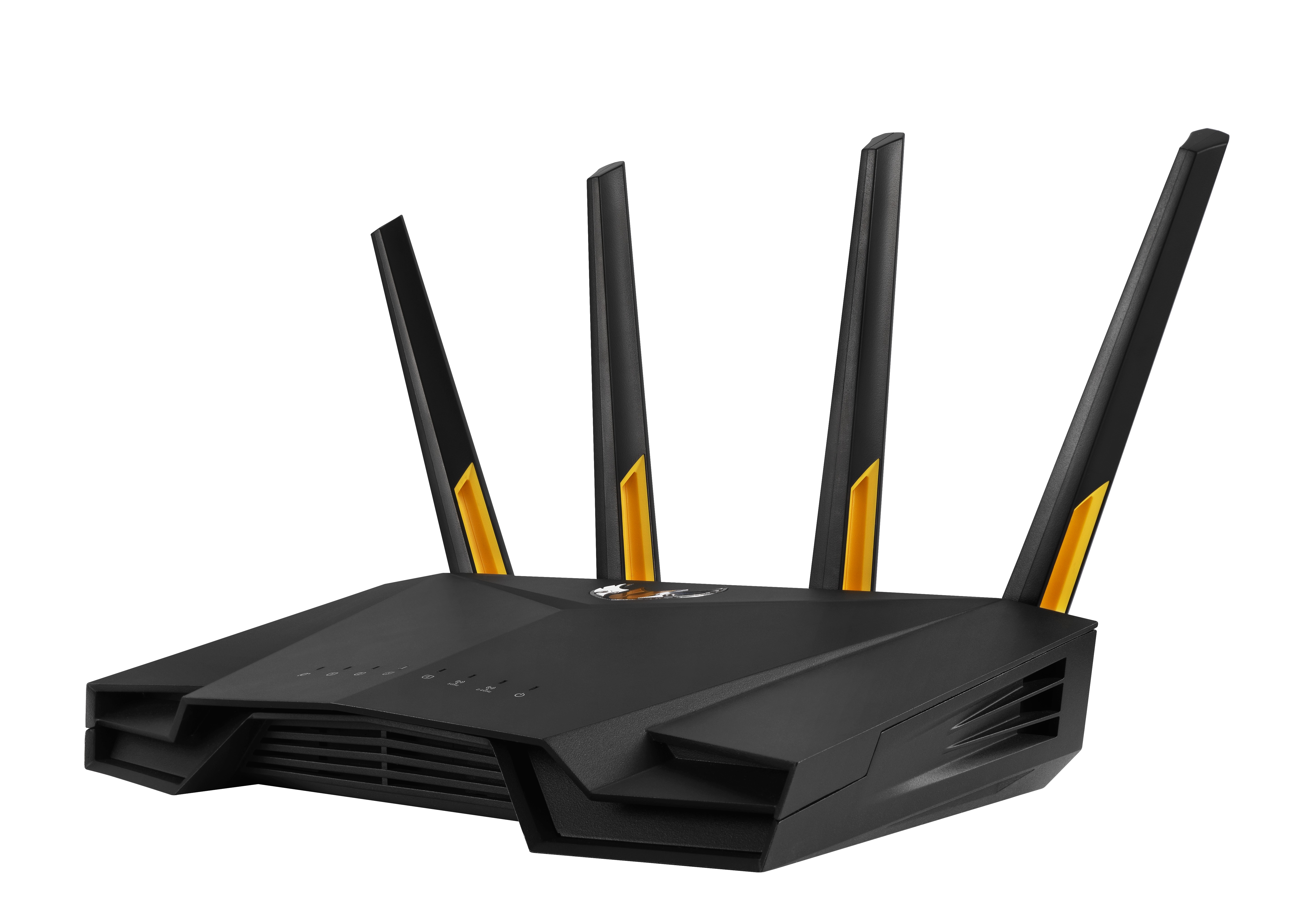Schwarzer Router mit 4 Antennen und gelben Akzenten.