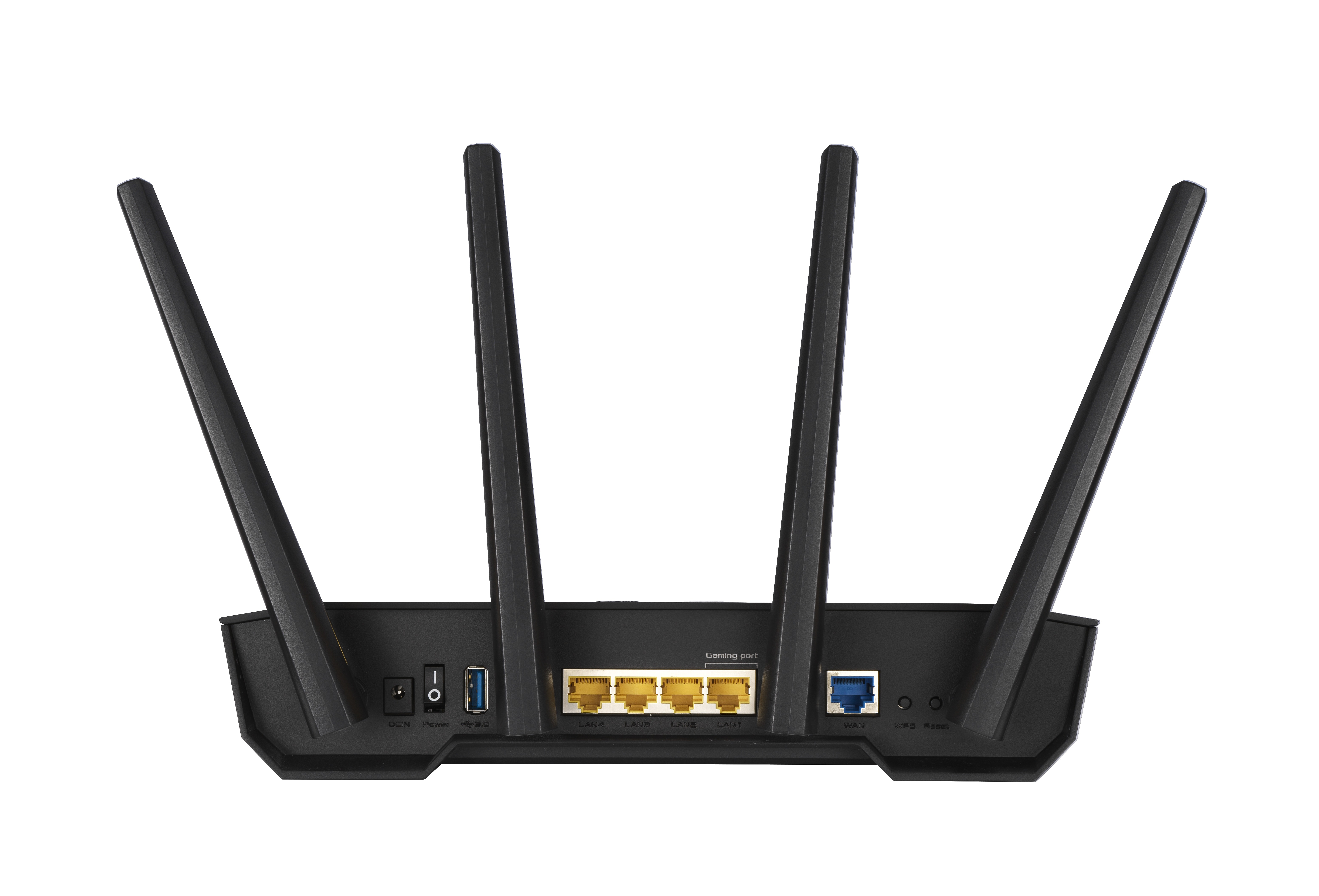 Schwarzer Router mit vier Antennen und mehreren Anschlüssen auf weißem Hintergrund.