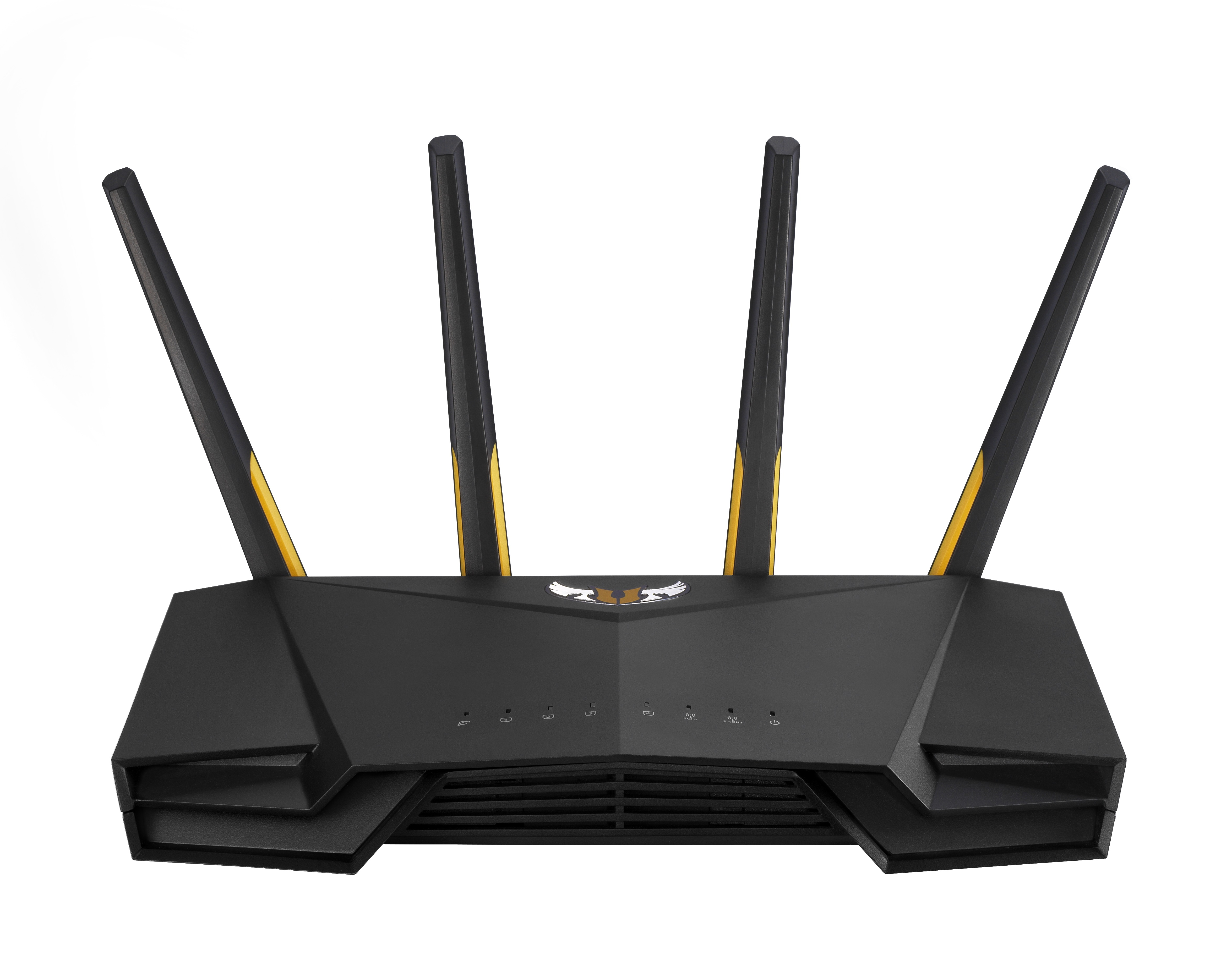 Schwarzer Router mit vier Antennen. Gelbe Akzente auf den Antennen.