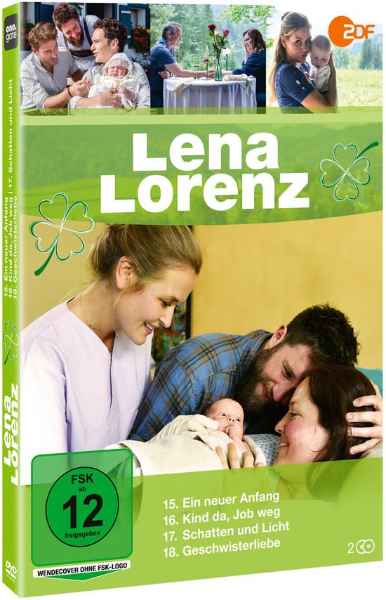 Lena Lorenz DVD-Cover. Frau mit Baby, weitere Szenen mit Familien. Grüner Hintergrund mit Kleeblatt.