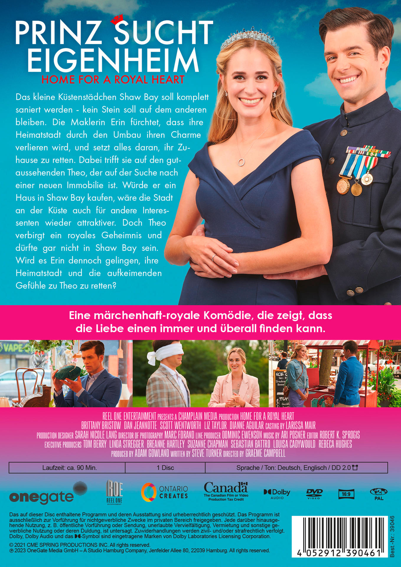 Filmcover mit einem lächelnden Paar. Text: Zuhause für ein königliches Herz. Eine romantische Komödie.