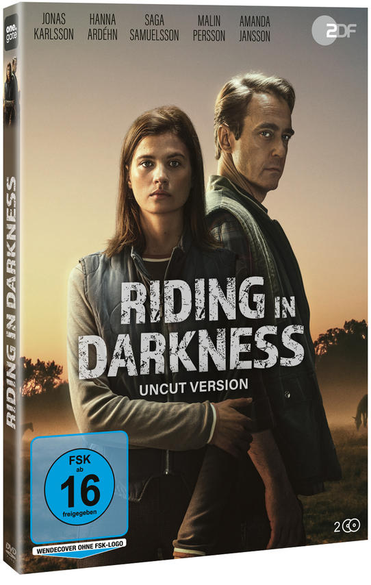 Ein DVD-Cover mit einem Mann und einer Frau, mit dem Titel Riding in Darkness.