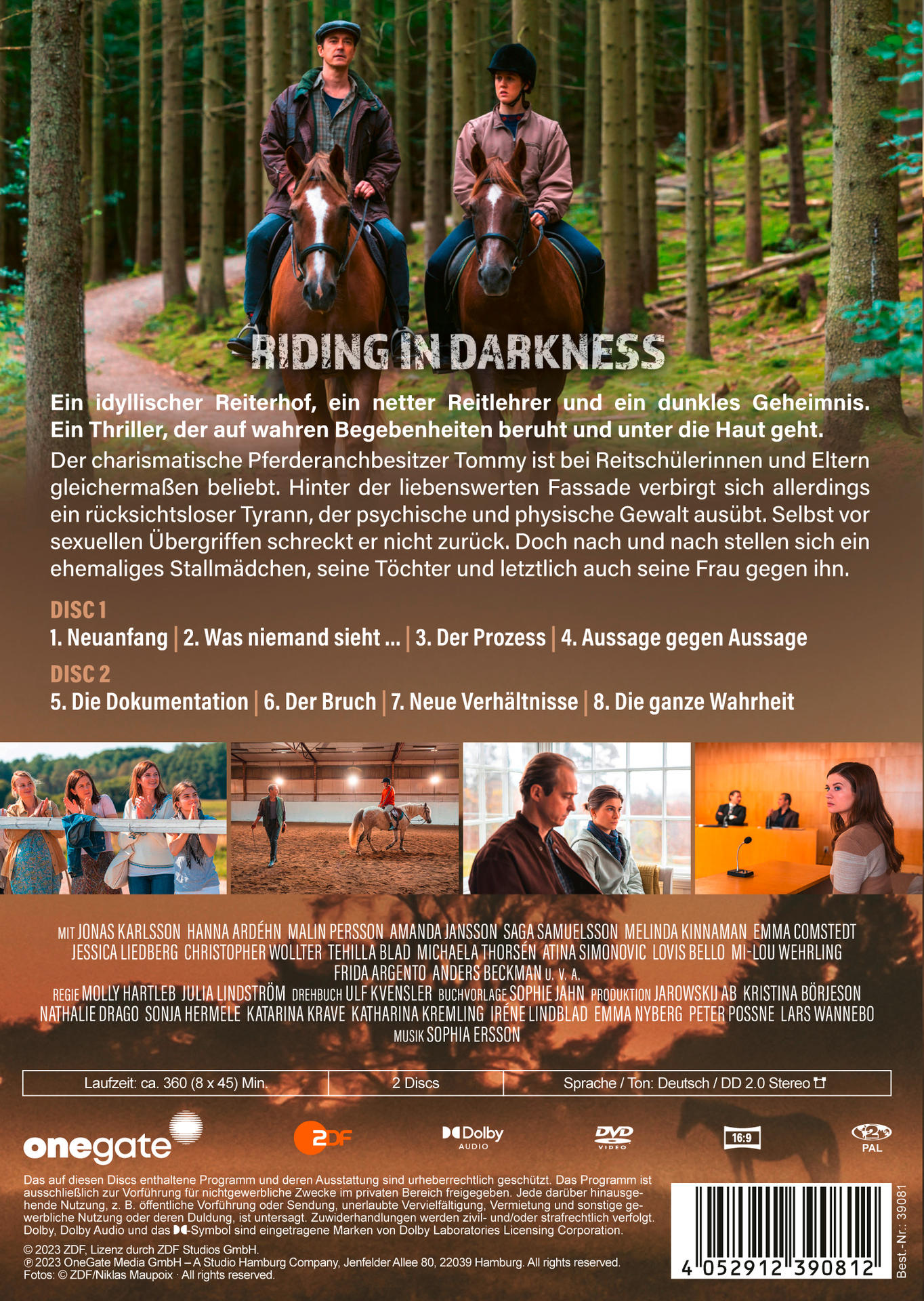 Zwei Personen auf Pferden im Wald, mit Filmtitel und Credits.