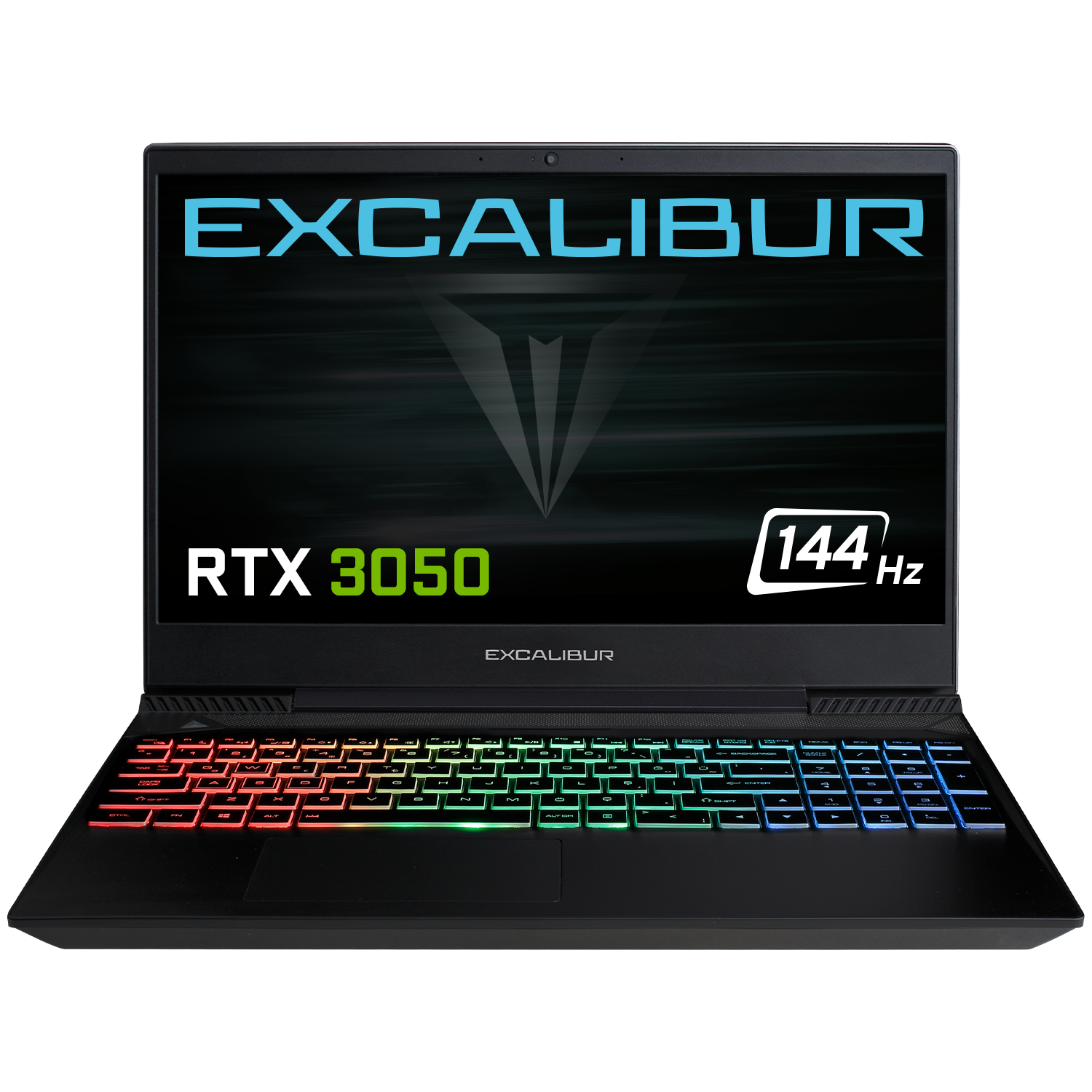 'EXCALIBUR', 'RTX 3050' ve '144 Hz' gösteren bir ekranı olan siyah bir dizüstü bilgisayar.