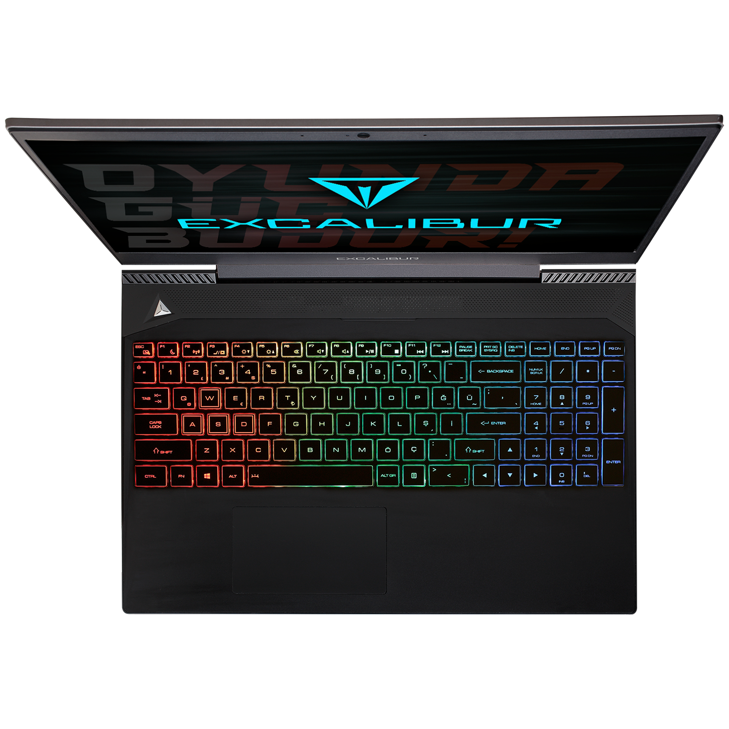 Renkli arkadan aydınlatmalı klavyeli siyah dizüstü bilgisayar, açık. Excalibur markası.