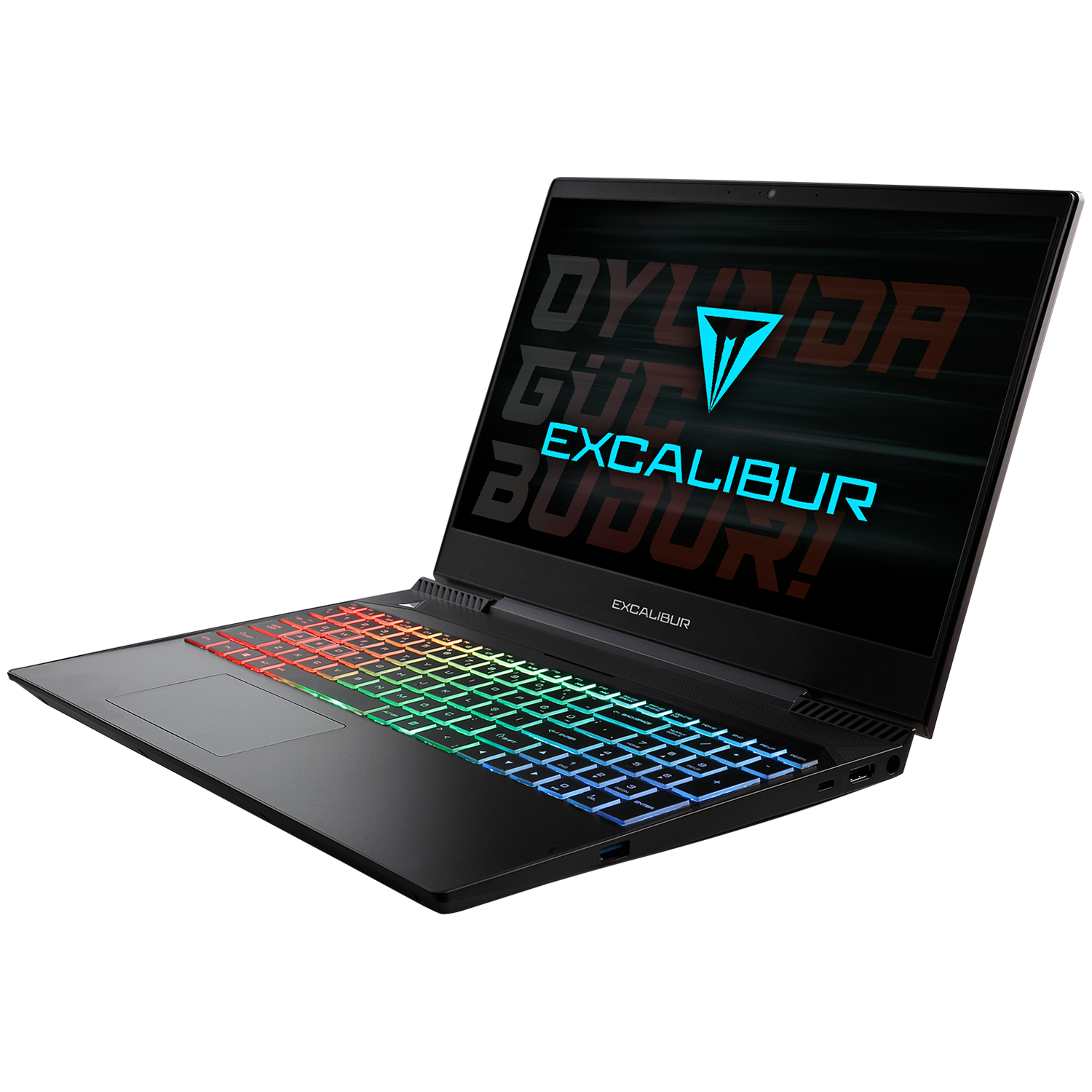 Gökkuşağı renkli bir klavyeye sahip siyah bir dizüstü bilgisayar, 'EXCALIBUR' kelimesini gösteriyor.