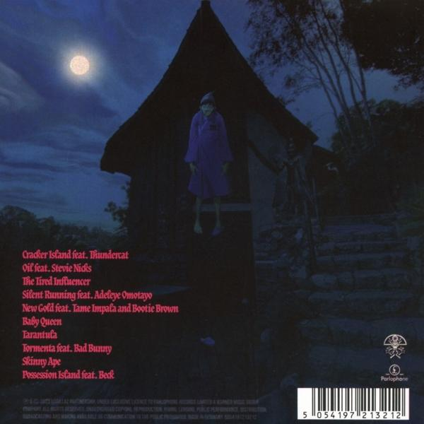 Albumcover mit einem Haus, einer Figur, die draußen hängt, und Text mit Songtiteln. Ein Vollmond steht am Himmel.