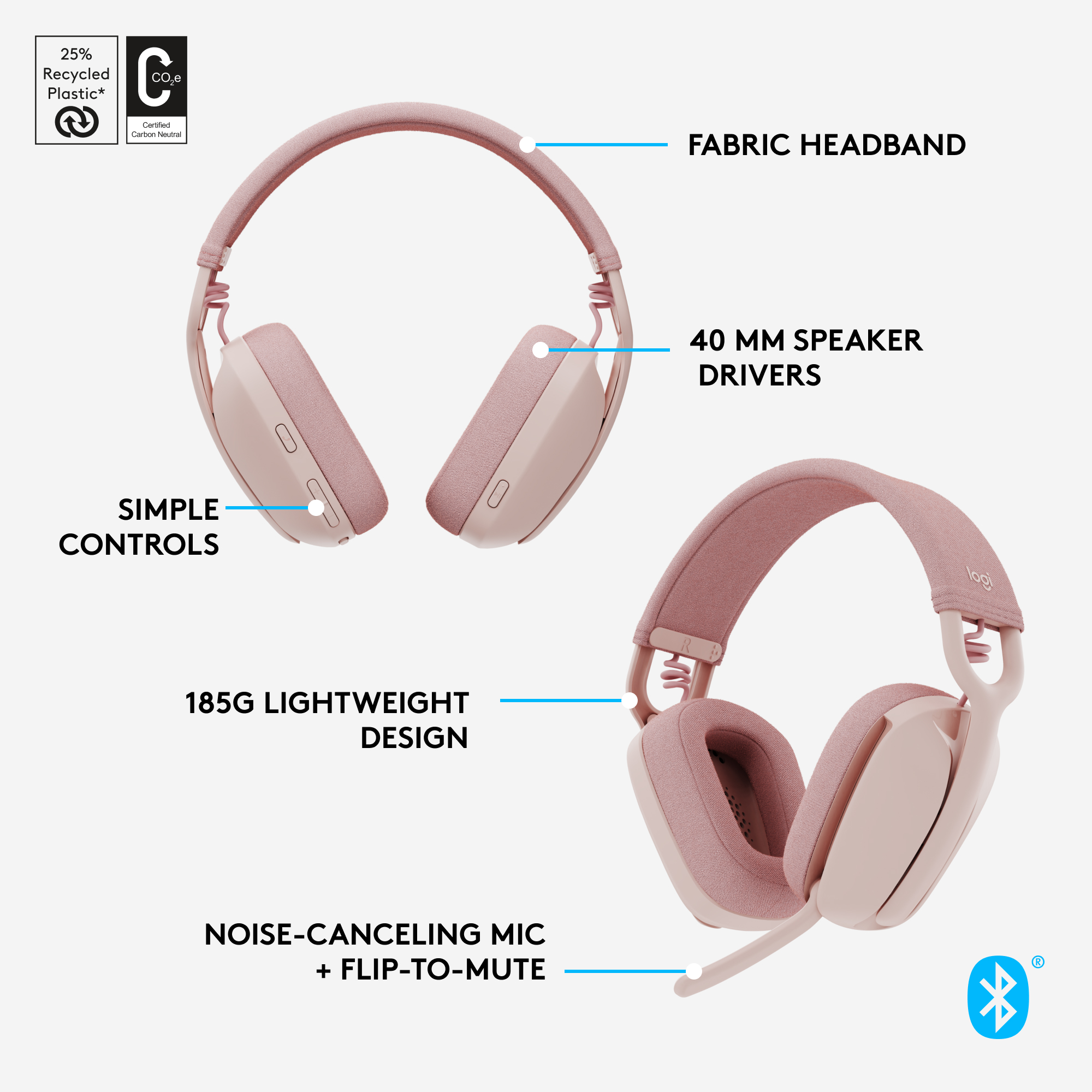 Pinke Logitech-Kopfhörer mit Stoffstirnband, einfacher Bedienung und Noise-Cancelling-Mikrofon.
